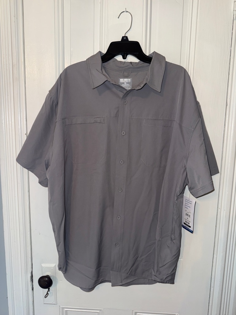 Reel Legends Men's Gray Short-Sleeve Button-Down Performance Top